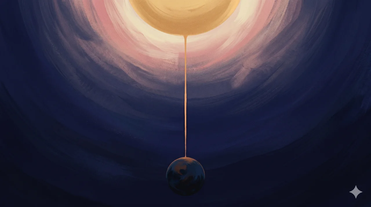 A single thin line of light running from a small Earth silhouette at the bottom of the frame upward into a softly glowing disc representing the Central Sun, with no other elements, suggesting a direct one-line connection between Earth and Source during the eclipse alignment