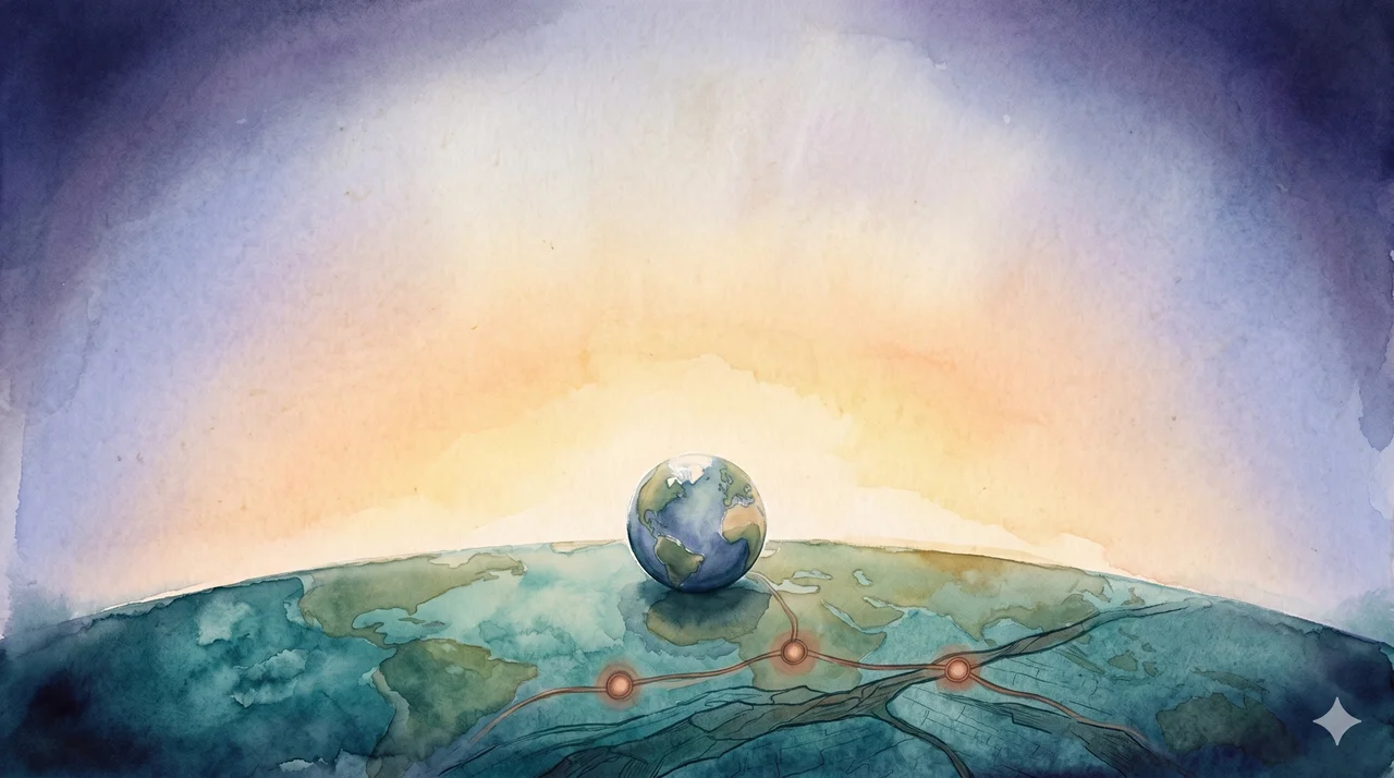 A small Earth silhouette at lower center facing upward into an open expanse of soft warm light, with a single gentle gradient suggesting dawn or alignment, no people and no text, the planet appearing to be turning toward the light rather than being eclipsed by it