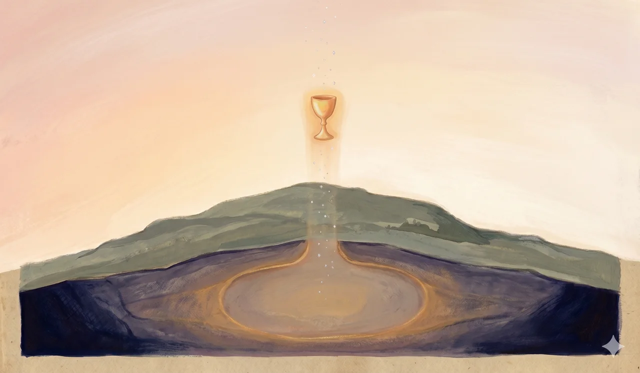 A simplified cross-section view of the Mount of Olives ridge with a single golden chalice rising vertically from beneath the surface into a pale soft sky, leaving an empty subterranean cavity below, no figures and no text, suggesting the moment the 2,016-year binding releases and the Chalice returns