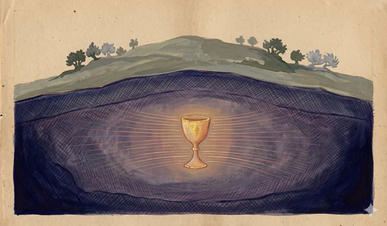 A simplified vertical cross-section view of a hillside with a small mountain silhouette at top representing the Mount of Olives, and at its base, glowing faintly underground, a single golden chalice form rendered as a stylised vessel with no text or figures, suggesting the physical Golden Chalice bound beneath the ridge for two thousand and sixteen years