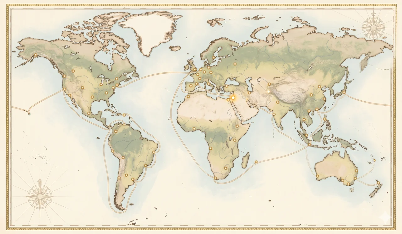 A faint global map outline with more than forty small luminous pins of warm gold light distributed across every inhabited continent, connected by a single soft thin line tracing a route between them, with no text labels and no human figures, suggesting a one-day worldwide circuit of sacred sites