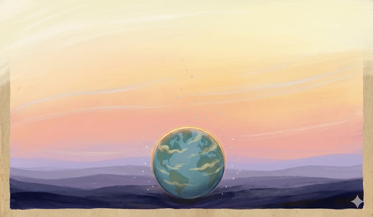 A small Earth silhouette at lower centre framed by a soft warm gradient of pale gold and rose dawn light expanding outward, with no people and no text, suggesting the planet turning toward the Golden Age in the hours after the covenant ends