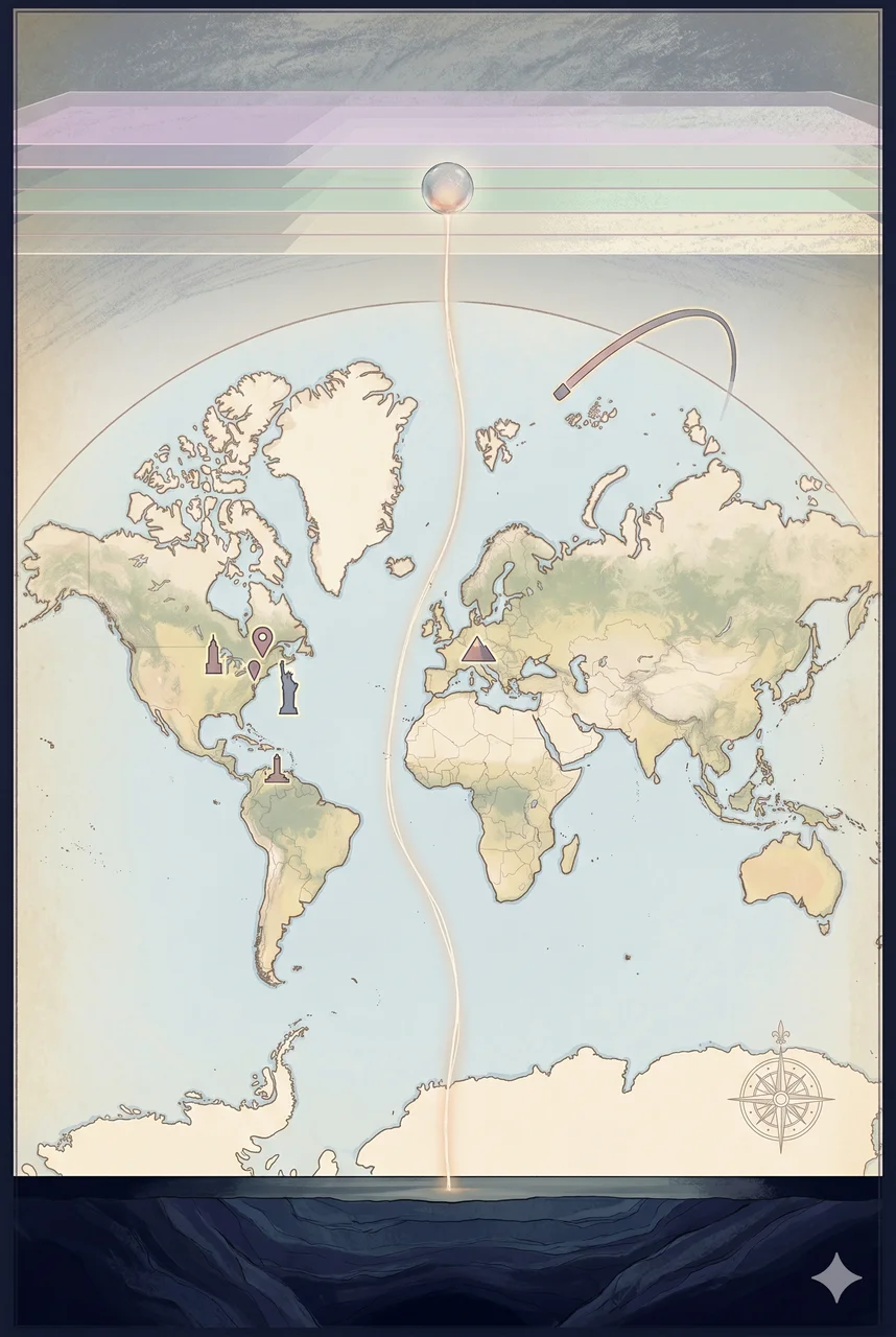 A faint global map outline with seven small luminous pins placed at Albany New York, an orbital arc above the globe for BOLI, the Swiss Alps for Matterhorn, western Venezuela, Chicago, Ellis Island near New York, and the Statue of Liberty alongside Ellis Island, with no text labels and no human figures, suggesting that all seven of these access points closed in the same window
