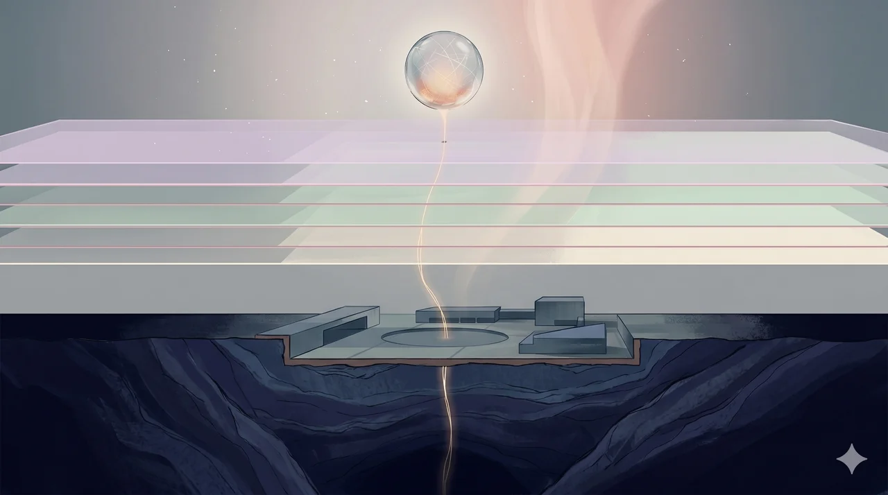 A simplified vertical cross-section view of a small ground-level plaza outline at lower centre, with a faint luminous line descending into the earth and then rising into a higher layer where a single spherical form rendered as a stylised glass ball floats in soft pale light, no figures and no text, suggesting a quantum tunnel from underground up into a higher dimensional plane