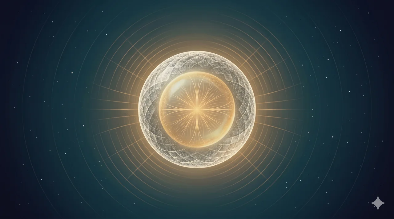 A single spherical form rendered as a stylised crystal ball glowing softly in pale gold light, floating in an empty dark space with subtle warm radiating lines extending outward, no figures and no text, suggesting a light-side instrument held at a distant fifth-density location
