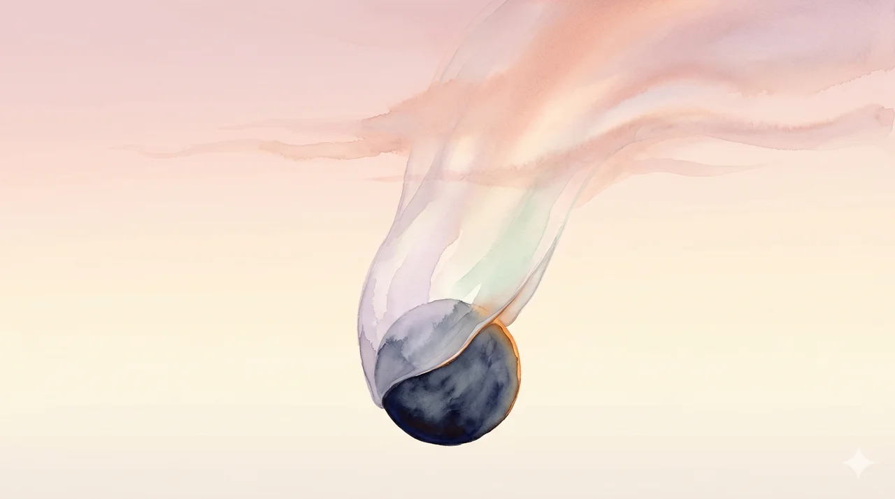 A simplified composition showing a faintly glowing translucent veil being lifted upward from a small dark object beneath it, the object beginning to become visible while the veil dissolves into soft warm light, no figures and no text, suggesting Source uncloaking what was hidden inside the light spectrum