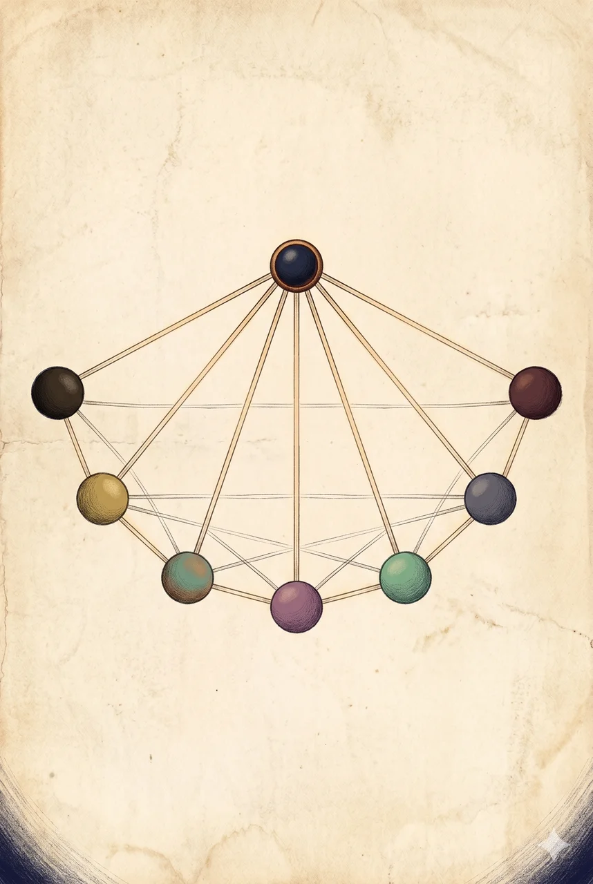 A simplified vertical composition in soft warm light showing a central hub node with seven small luminous outer nodes arranged around it, each outer node a different muted color suggesting an industry, with thin connecting lines from the hub to each outer node and faint thin lines between the outer nodes themselves, no figures and no text labels, suggesting a centrally coordinated cartel network covering multiple industries
