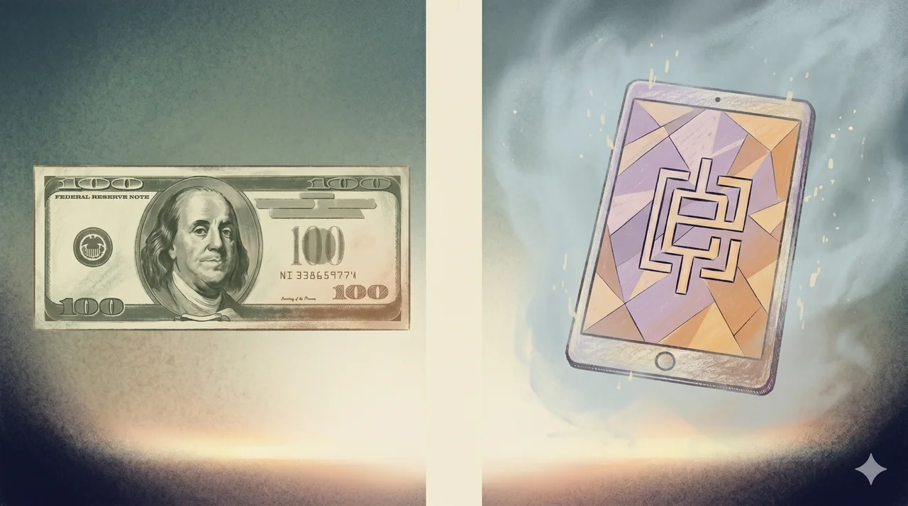 A simplified two-tier diagram in soft warm light, with a stylized dollar bill on one side showing a faint visible serial number, and on the other side a separate stylized digital tablet floating in pale blue light bearing an abstract encrypted glyph, the two elements clearly disconnected with no line between them, no figures and no text labels, suggesting that the bill's printed number and the back-end allocation number are two separate objects
