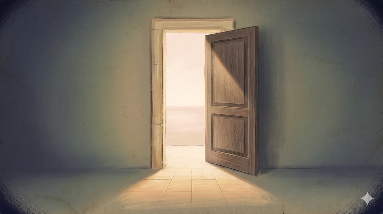 A simplified composition in soft warm light, showing a single half-open doorway in a dim space, with pale warm light streaming through the gap from the other side, illuminating a small portion of the floor in front of the door, no figures and no text labels, suggesting an invitation that is open but not yet accepted