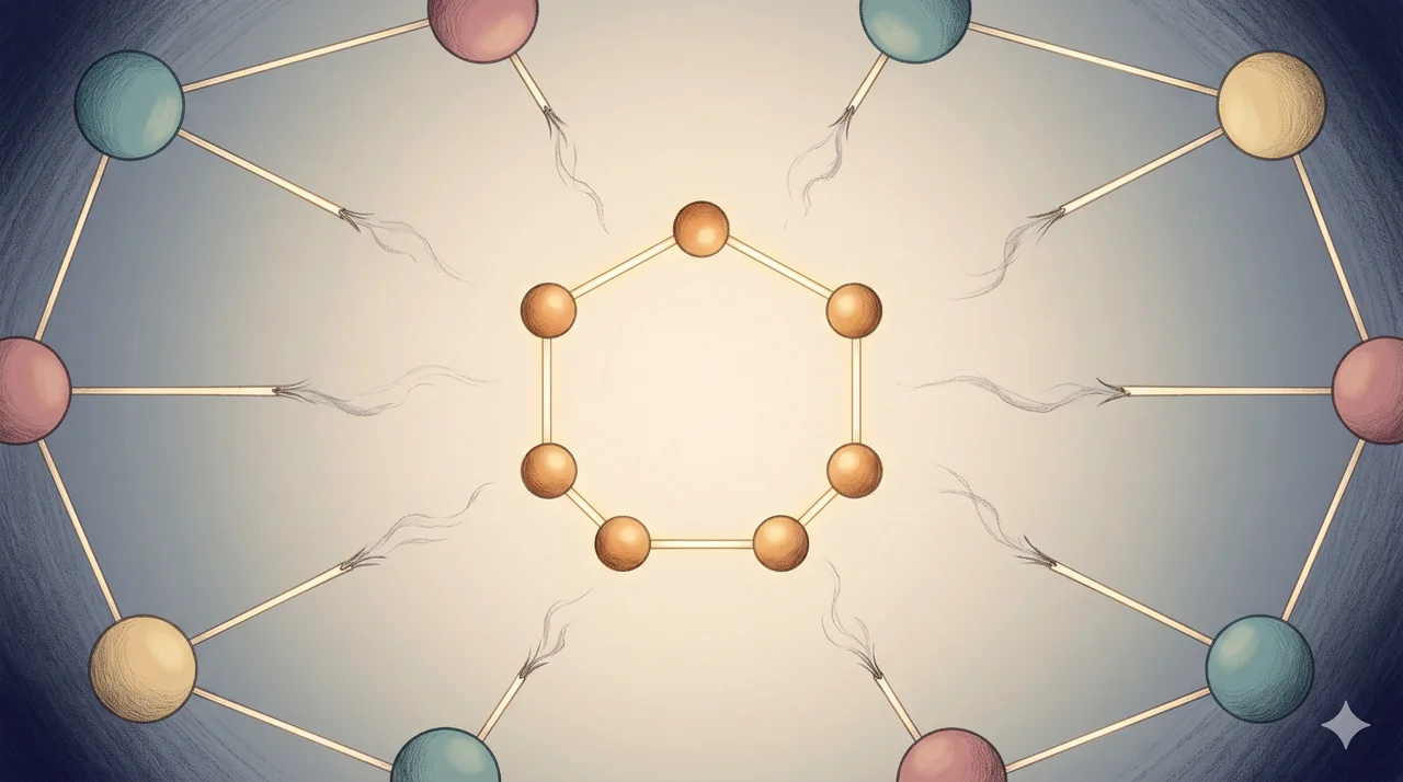 A simplified composition in soft warm light, showing a closed ring of luminous nodes representing an off-ledger transfer network, with several outer cartel-style nodes connected only by faint thin lines that have been visibly severed mid-line, no figures and no text labels, suggesting that the private SWIFT equivalent has been disconnected from its outer participants