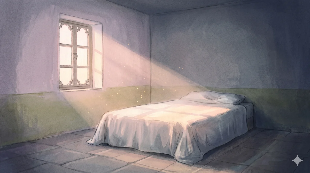 A simplified composition in soft warm light, showing a dim room at the moment just before dawn, with a single window admitting the first pale light of morning across a smoothed bedcover, no figures and no text labels, suggesting that a long-standing weight has lifted overnight