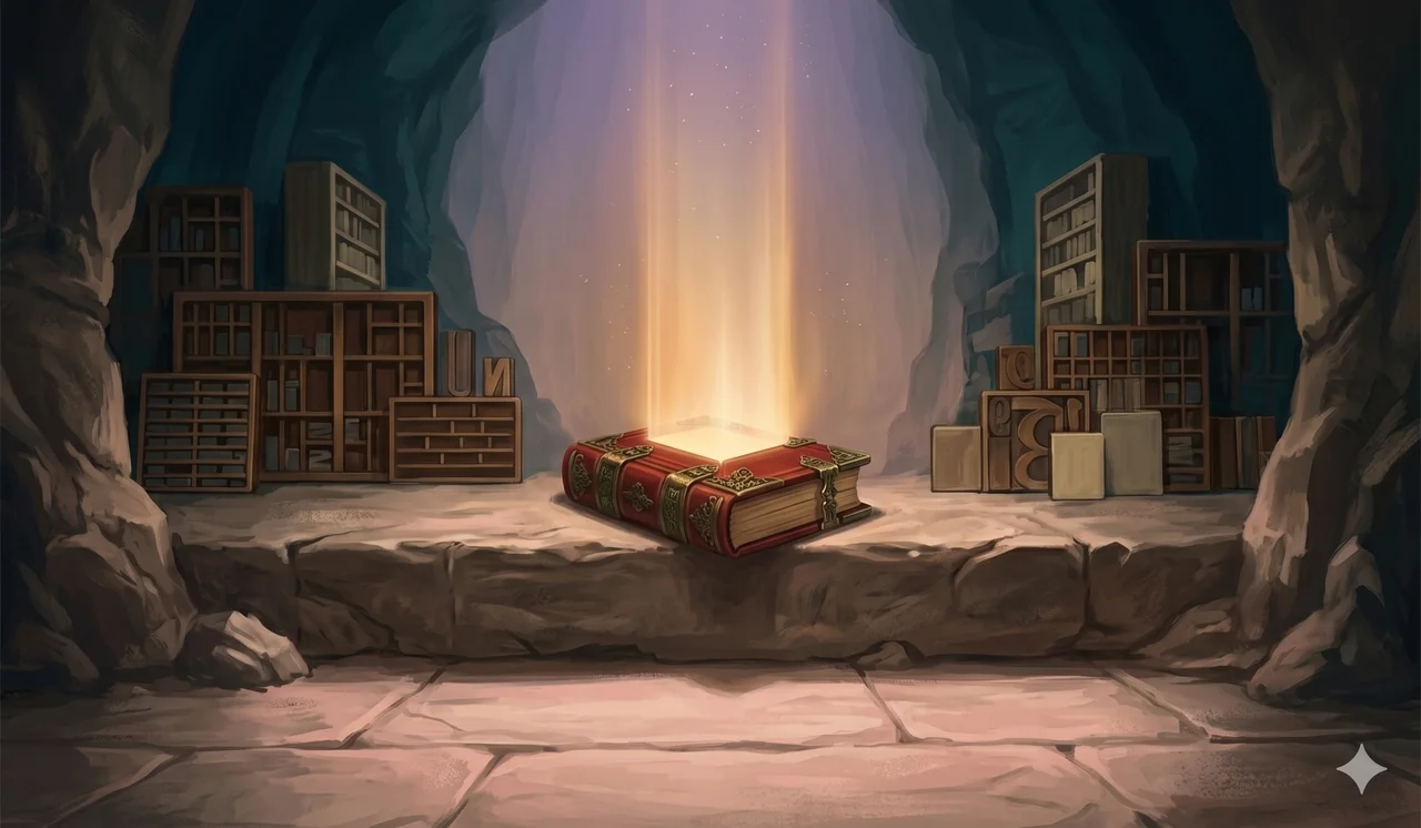 A simplified composition in soft warm light, showing a single bound red book lying open on a stone shelf in a dim subterranean space, with a faint warm glow rising out of the open pages, no figures and no text labels, suggesting a ledger that is also a doorway