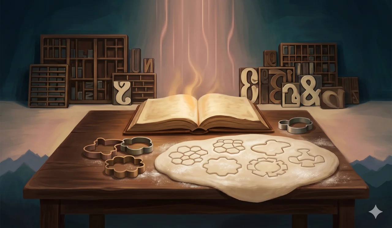 A simplified composition in soft warm light showing an open binder lying flat on a wooden table, with stylized cookie-cutter shapes pressed into a soft surface beside it, each cookie cutter producing an identical small mold, no figures and no text labels, suggesting that wars are pressed out of standardized templates