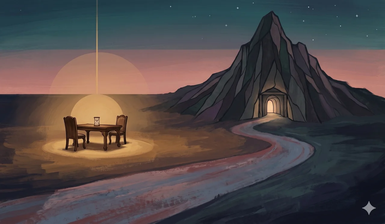 A simplified composition in soft warm light showing a distant mountain silhouette at dusk with faint moving shadow shapes streaming toward its base, and in the foreground a wooden desk with a single document and an unlit lamp, no figures and no text labels, suggesting a frantic run to a known refuge while a separate negotiation waits on a quiet table