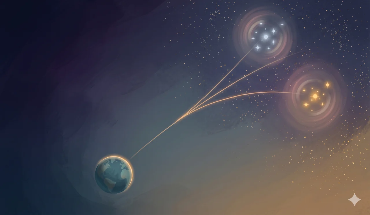 A simplified composition in soft warm light showing a distant point of light at the top of the frame haloed by a single bright star, and a wider cluster of three softer lights below and to one side, with gentle ripples of light spreading outward from each, no figures and no text labels, suggesting a quiet cleanup wave reaching far stars