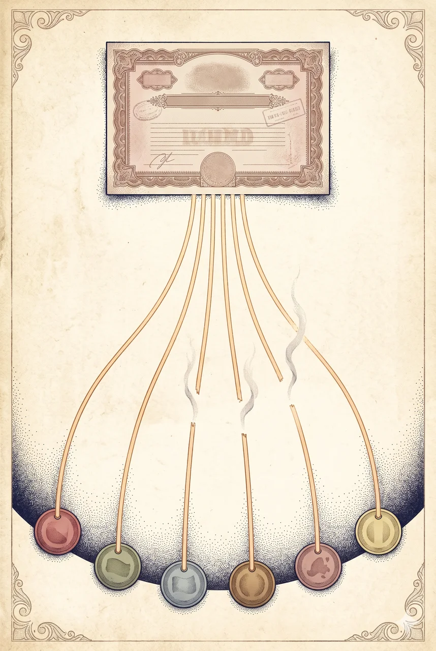 A simplified flat composition in soft warm light showing a central abstract bond document at the top, with thin curved threads of light descending and branching outward to six abstract currency tokens arranged in a fan below, and three of those threads fading mid-air as if cut, no figures and no text labels, suggesting bond backing extended to many currencies and a sudden severance of that connection