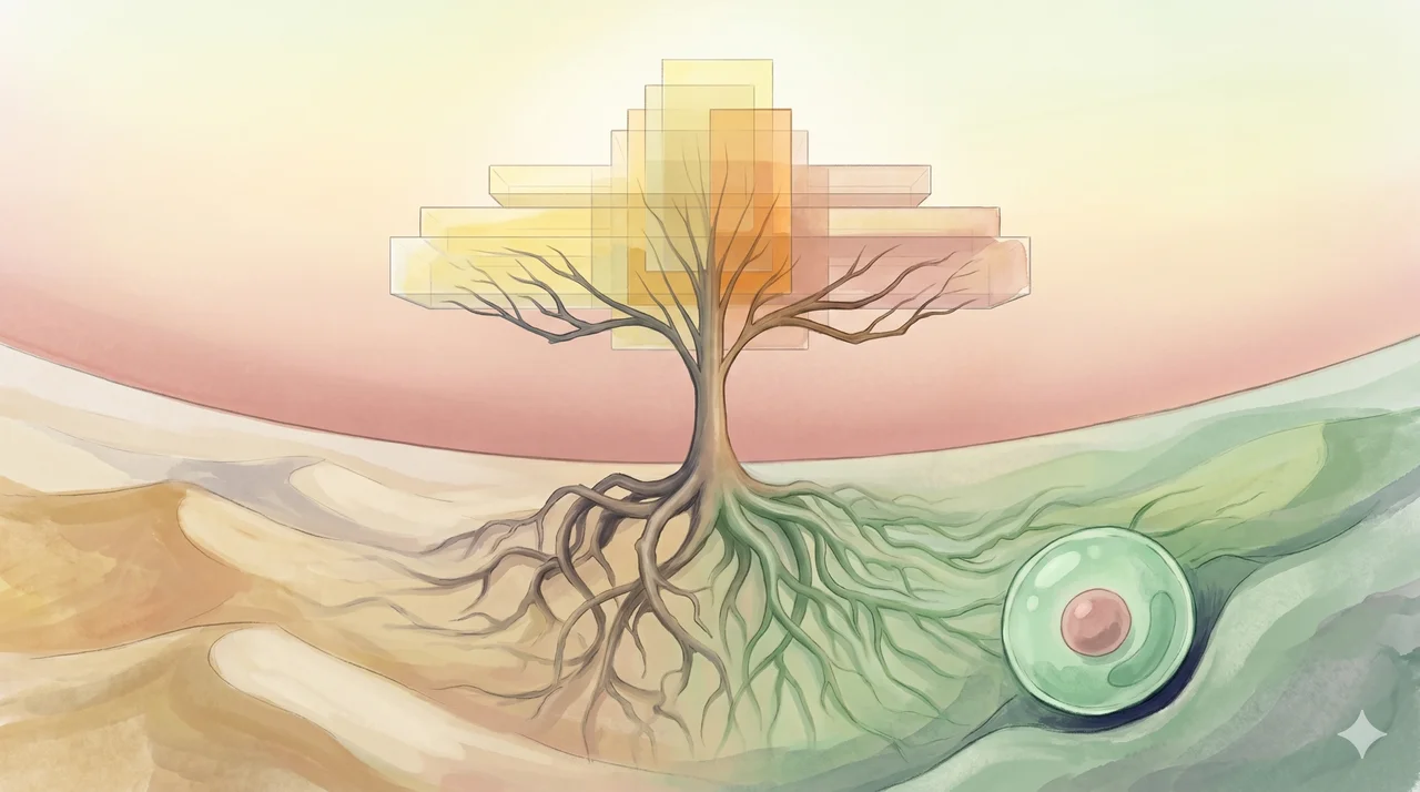 A simplified composition in soft warm light showing a single curved horizon line where parched dune crests on the left transition into a gentle wash of new green along the right, and at the foreground edge a single magnified abstract cell with a smaller round inclusion sitting inside it as if absorbed, no figures and no text labels, suggesting deserts turning green at the landscape scale and a cellular merger at the microscopic scale
