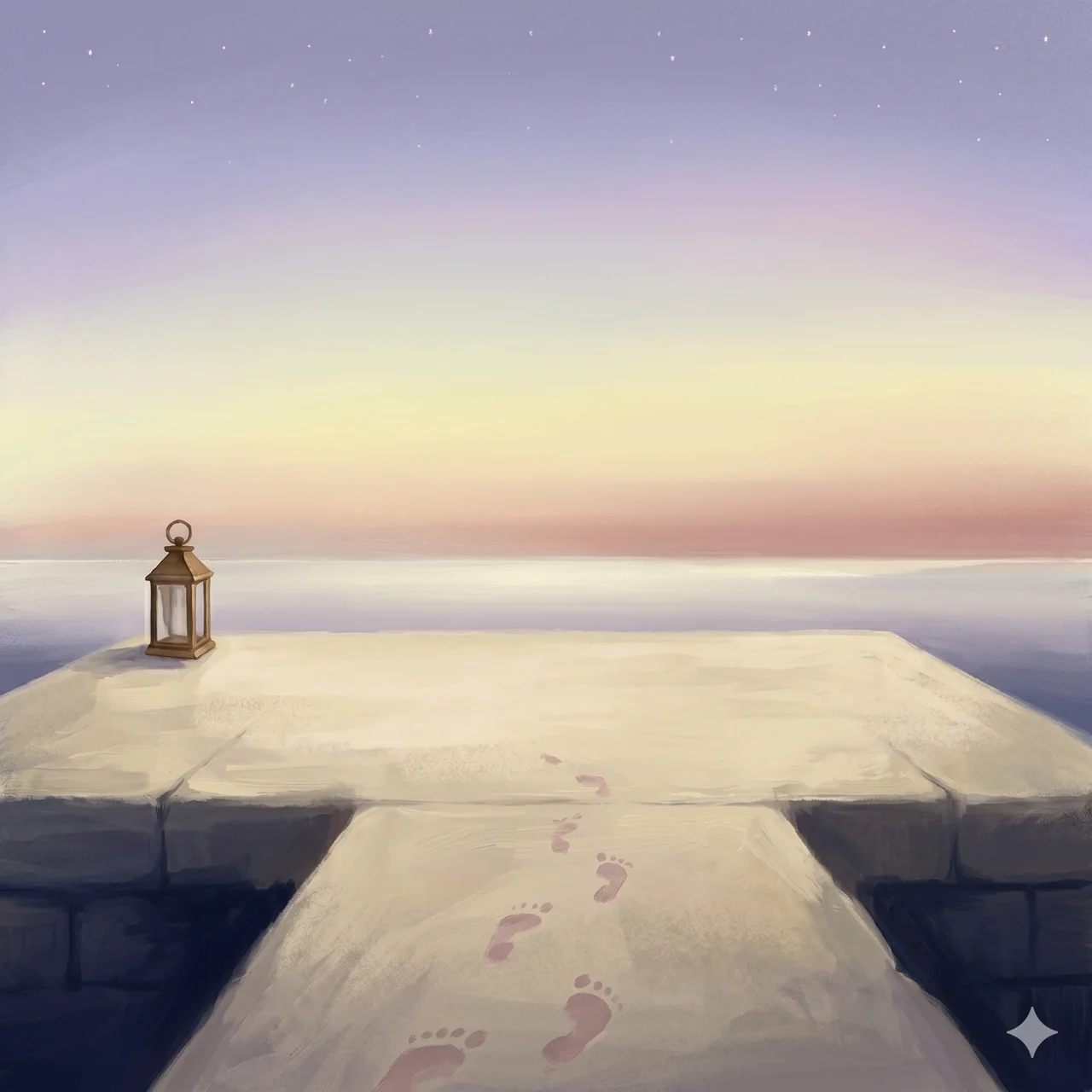 A simplified composition in soft warm light showing an empty stone landing platform under a clear pre-dawn sky with a faint horizon line, a single unlit lantern resting on the platform's edge, and the suggestion of footprints leading toward but not onto the platform, no figures and no text labels, suggesting an expected arrival that did not happen