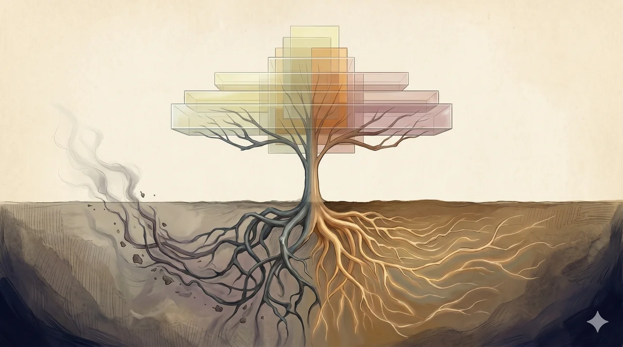 A simplified composition in soft warm light showing a stylized tree with a wide spreading canopy of stacked rectangles representing software layers, with the original dark root system being lifted clean away below ground while a new luminous root structure grows downward in its place, no figures and no text labels, suggesting a base swap underneath a continuing system