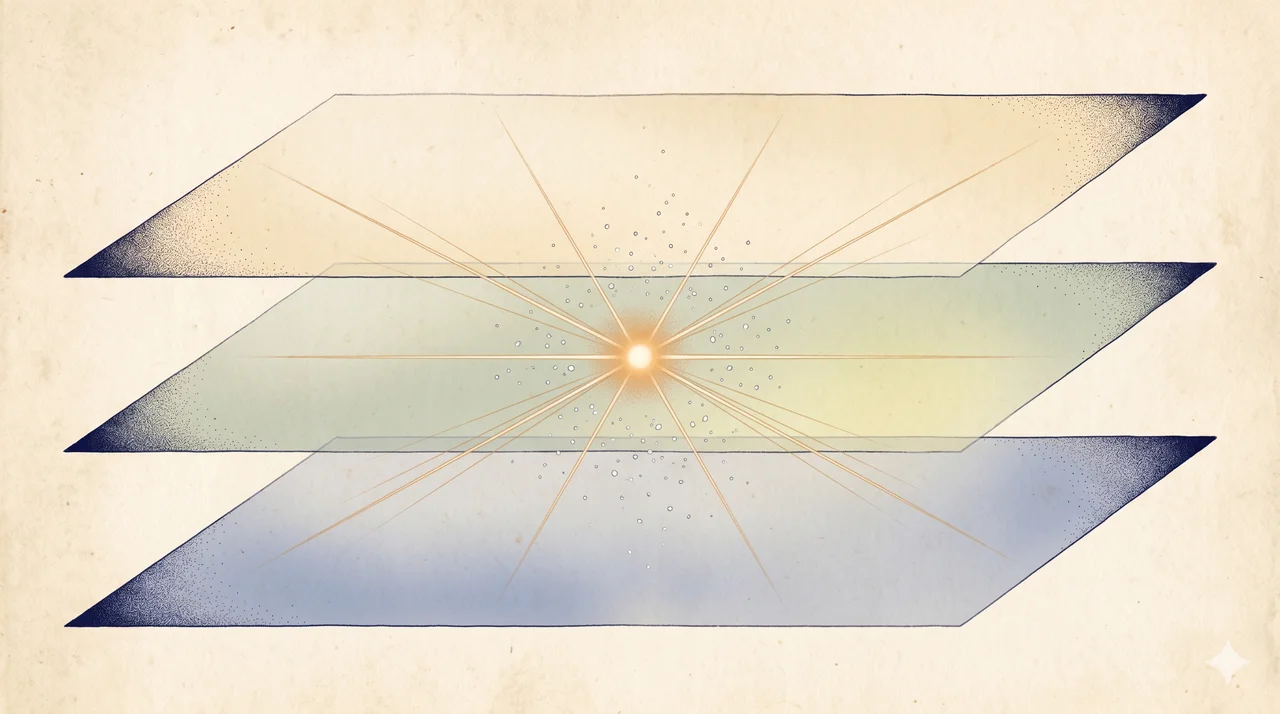 A simplified composition in soft warm light showing three faint translucent horizontal planes stacked at slightly different angles, with a single small luminous point of focus sitting at the center where they intersect, fine threads of light extending outward in multiple directions through each plane, no figures and no text labels, suggesting simultaneous awareness across multiple planes of existence