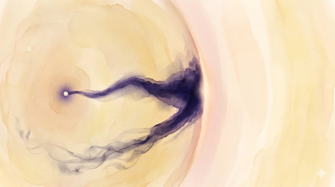 A simplified composition in soft warm light showing a translucent gelatinous medium filling the frame with a small pulse of darker energy moving outward from a central point on the left, encountering an invisible boundary, and returning along a curved arc back toward its source, no figures and no text labels, suggesting projected energy reflecting off a transformed field