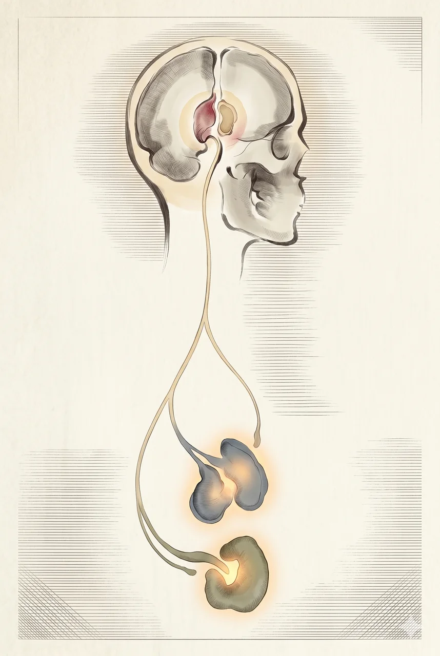 A simplified vertical composition in soft warm light showing a stylized cross-section of a human skull at the top with a small inserted structure highlighted between the two hemispheres, fine threads of light descending from that structure to two abstract glands suggested lower in the frame, no anatomical detail and no text labels, suggesting a single inserted control point feeding downward to the body's stress and immune systems
