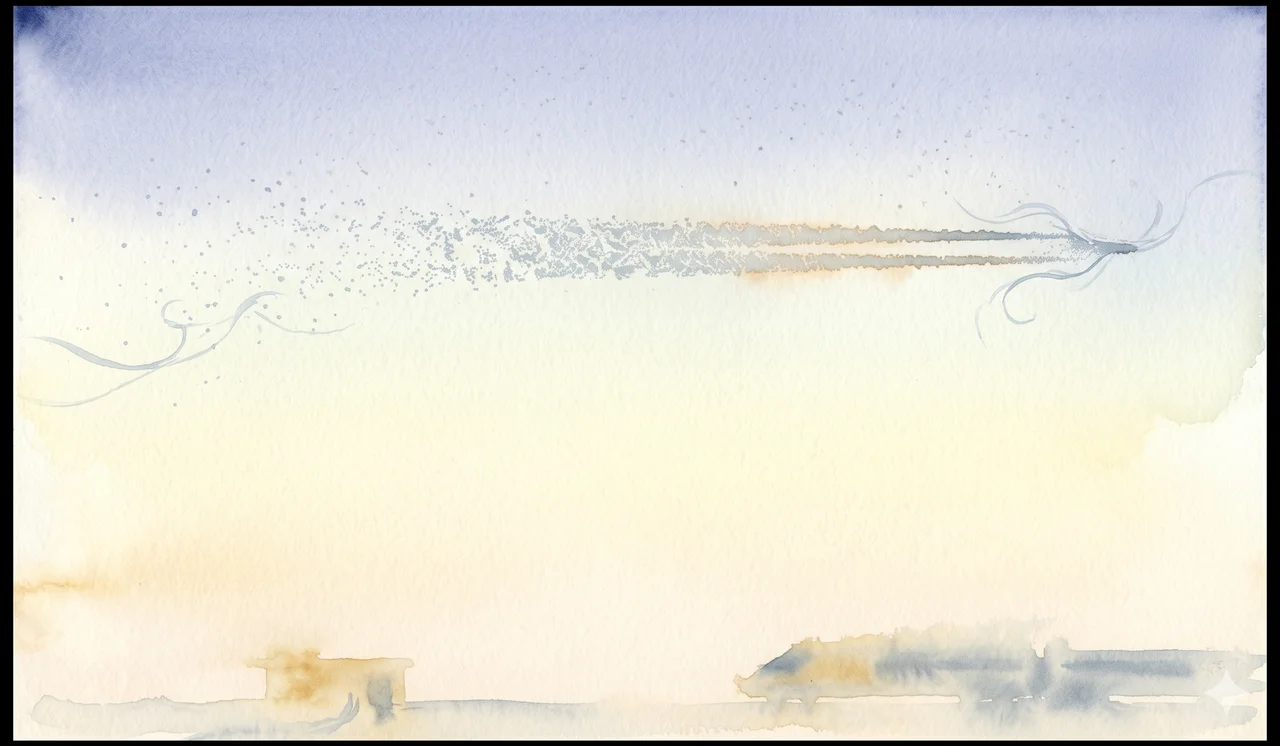 A simplified composition in soft warm light showing a high sky with a faint horizontal trail of pale particles dispersing across the upper portion of the frame, the trail's left side already breaking apart into thin scattered specks, the right side still continuous but beginning to dissolve, no aircraft and no figures and no text labels, suggesting a substance laid down across the sky that is failing to hold its form
