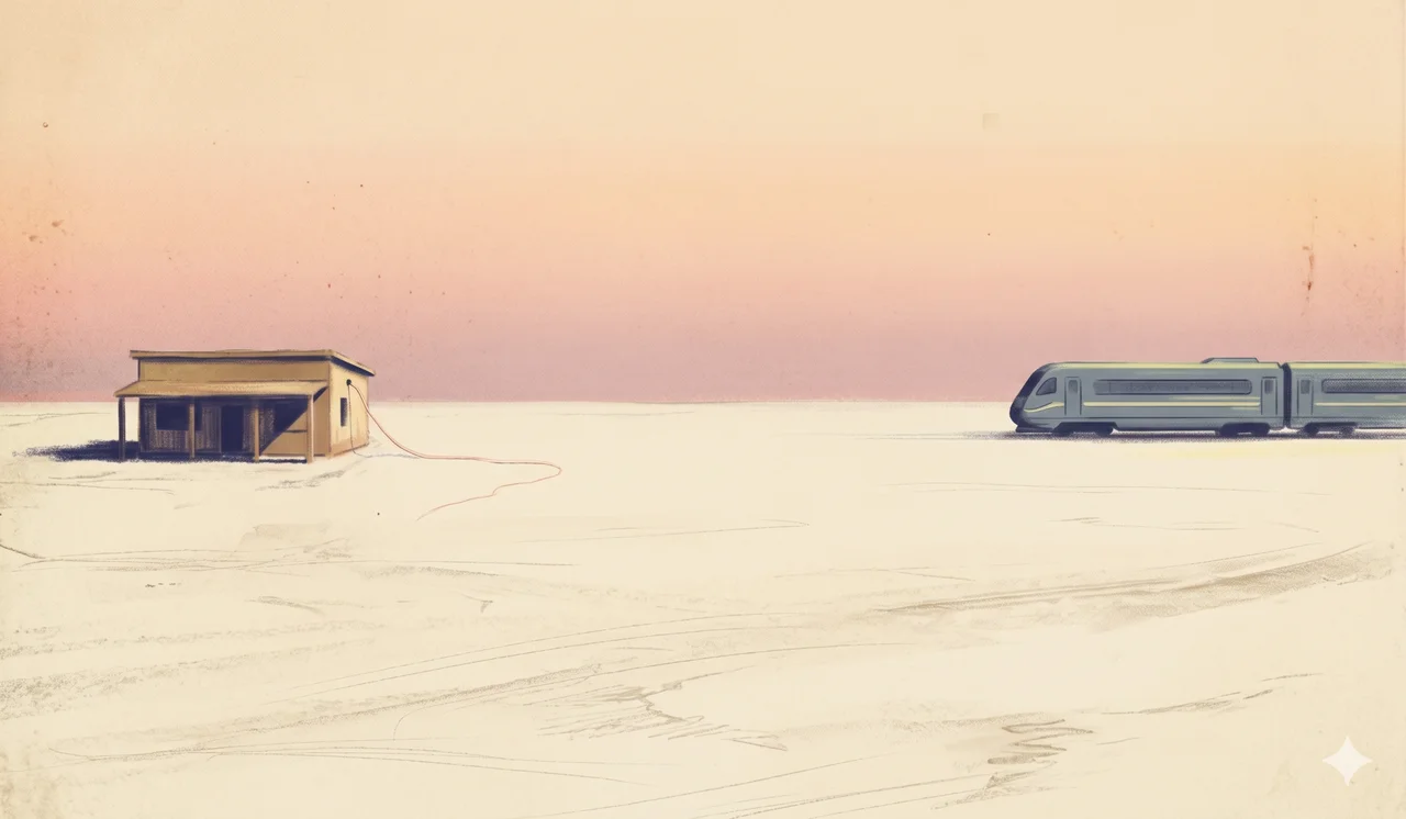 A simplified composition in soft warm light showing two small structures on opposite sides of the frame, a low rectangular building on the left with a faint thin line trailing from its wall into the ground, and a long horizontal vehicle shape on the right passing across a flat plain with no station and no figures around it, both forms appearing complete but isolated from any surrounding life, no people and no text labels, suggesting two finished projects that arrived without context