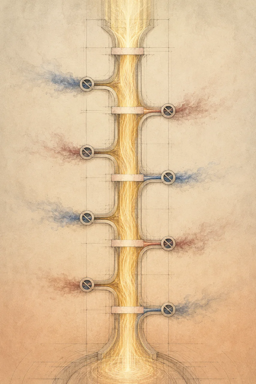 A simplified vertical composition in soft warm light showing a wide channel of flowing light descending the frame with a series of small horizontal markers across its width, several attempted side branches leaving the channel and being blocked by faint barriers before they can leave the main flow, no figures and no text labels, suggesting a main funding channel that allows authorized passage and rejects unauthorized diversion