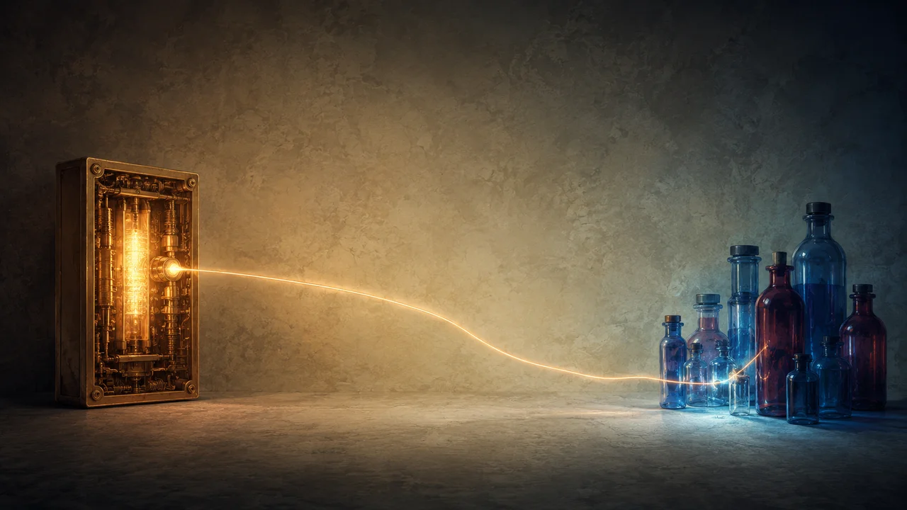 A simplified composition in soft warm light showing a small abstract device shape on the left of the frame with a single thin line of light leaving its surface and traveling across the frame to a separate cluster of small bottles on the right, the line bending slightly near the middle as if redirected, no figures and no text labels, suggesting funds intended for one destination arriving at a different destination