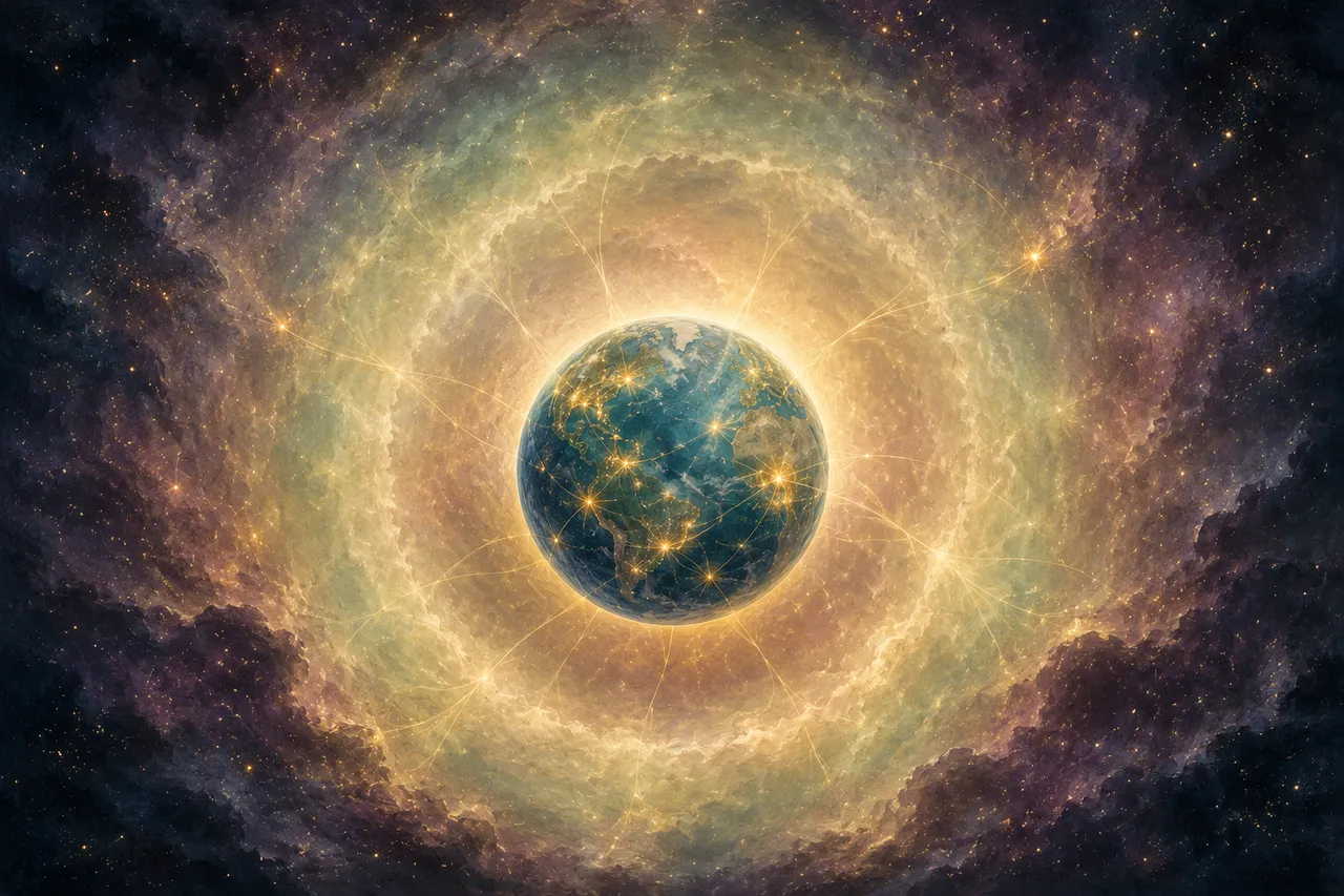 A simplified composition in soft warm light showing a small sphere at the center of the frame suggesting the planet seen from outside with several faint clusters of light distributed around its surface and a single broader luminous field surrounding the whole sphere, fine threads of light returning from each cluster back toward the surrounding field, no figures and no text labels, suggesting research centers distributed across a planet whose surrounding environment is a different density than it used to be