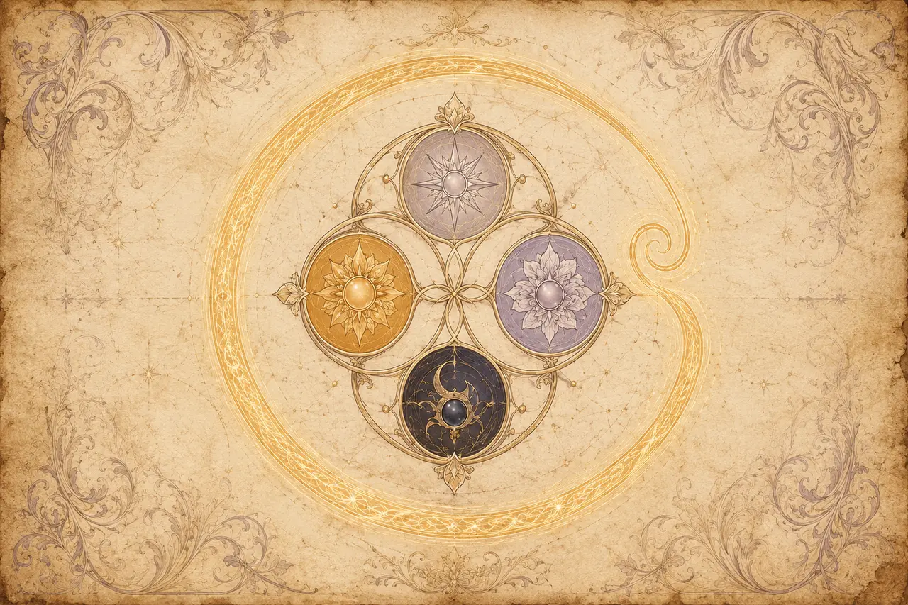 A simplified composition in soft warm light showing a wheel of four small symbolic shapes arranged in a closed circle at the center of the frame suggesting the original repeating cycle, and a wider luminous ring drawn around the wheel that does not close back on itself, no figures and no text labels, suggesting a new permanent layer inserted around an older repeating sequence