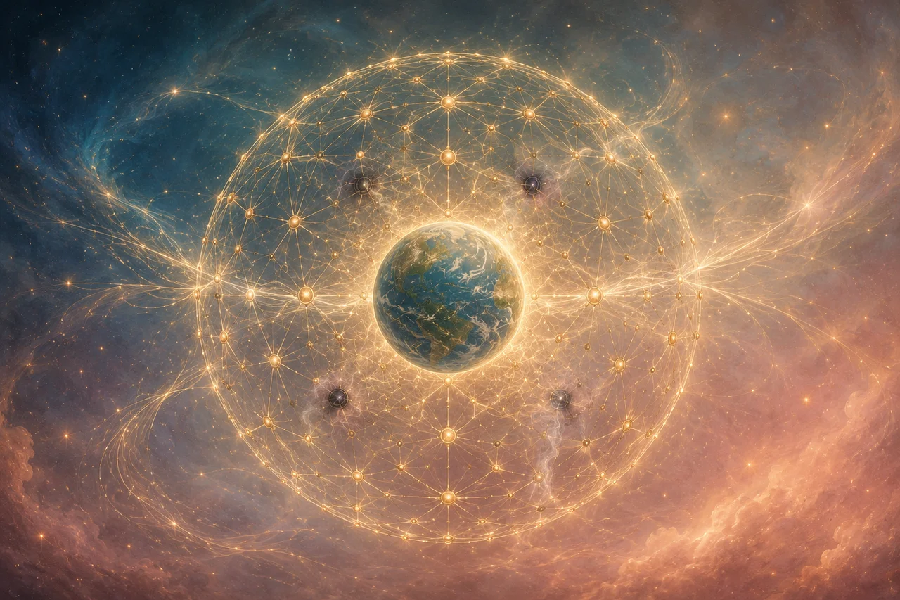 A simplified composition in soft warm light showing a small luminous sphere at the center of the frame surrounded by a wider lattice-like shell, fine threads of light passing inward and outward through the lattice, and a few small dark nodes contained inside the shell that grow fainter toward one side, no figures and no text labels, suggesting a contained interior where some elements are fading while others continue to flow freely through