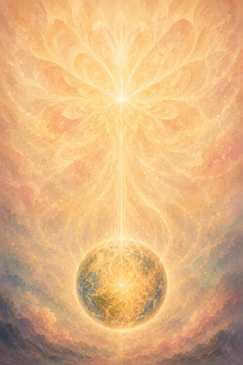 A simplified composition in soft warm light showing a wide luminous field descending from the upper portion of the frame and pouring downward into a smaller sphere at the lower portion where the same luminous quality fills the interior of the sphere, fine threads connecting the upper field and the interior of the sphere in both directions, no figures and no text labels, suggesting a presence that was once viewed from above now inhabiting the interior