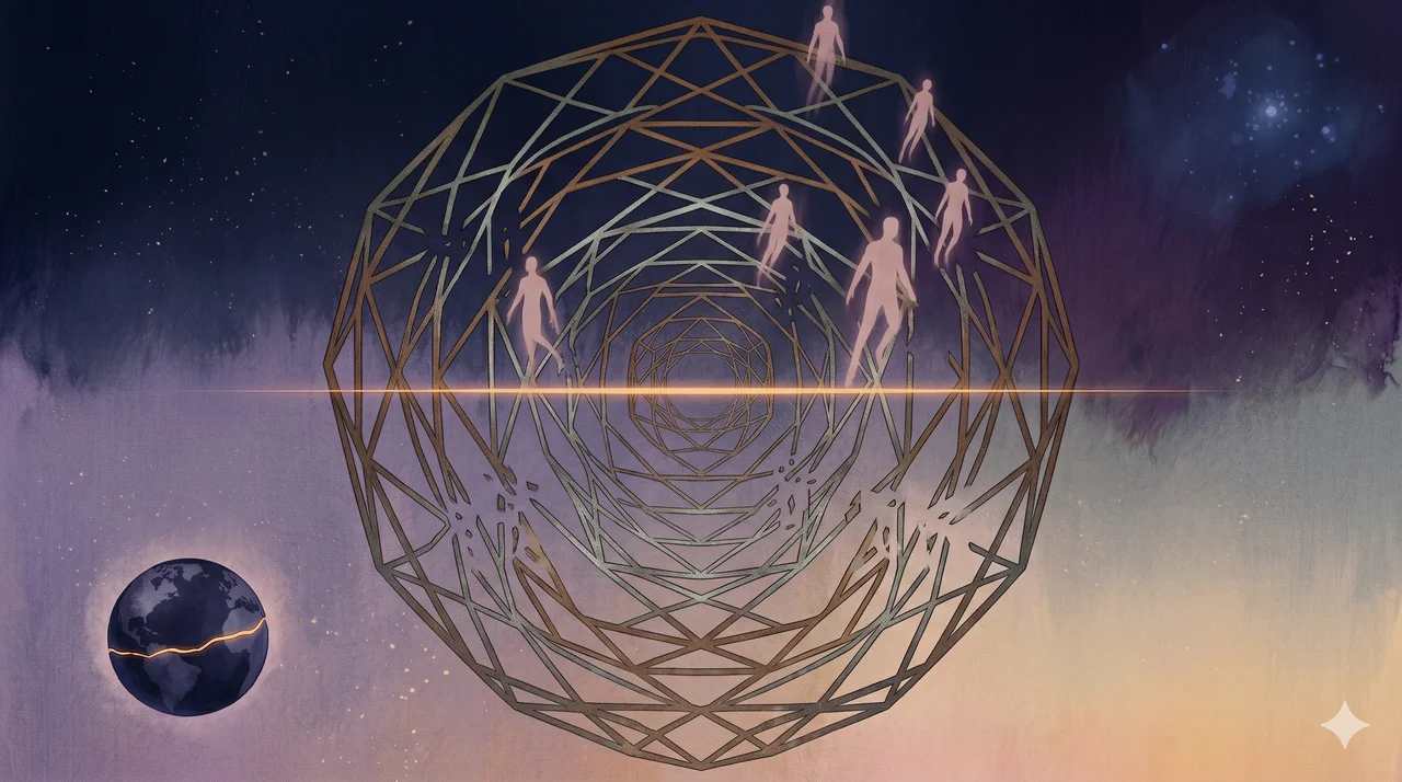 A wide landscape composition with three sections: three geometric structures representing planetary operating systems with chain and DNA helix symbols on the left for the Deep State assumption, an X-pattern surrounding Earth with a distant star system and arrays of replicated humanoid silhouettes at center for the actual design, and arrows turning the X back toward operatives with small red detection lights on the right for the ironic reversal, set against midnight indigo and warm gold tones, no human figures with visible faces, no real-world brand names
