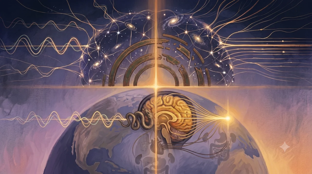 A wide landscape composition with three sections: an old alternating current system with three converging waves collapsing into a regulator on the left, a transition zone with aurora-like sweep and a current shift arrow at center, and a new direct current system with a single straight light from Source radiating equally to all brain regions plus a cosmic background with Earth galactic structures and a classical book relief representing the Akashic Records on the right, set against midnight indigo warm gold and aurora purple tones, no human figures, no real-world brand names