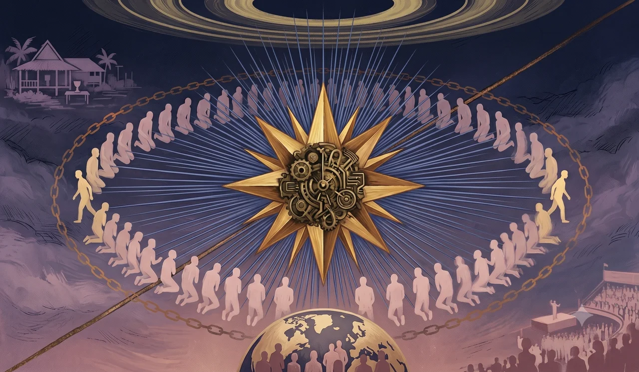 A wide landscape composition with three sections: a 1978 Jonestown allegorical scene of faceless figures in a circular arrangement around a single beverage container with one large central shadow on the left, a time-bridge across forty-six years at center, and a contemporary rally scene of faceless silhouettes around an identically-shaped central shadow with two dark-order link symbols on the right, set against midnight indigo and warm amber tones, no human figures with visible faces, no real-world brand names