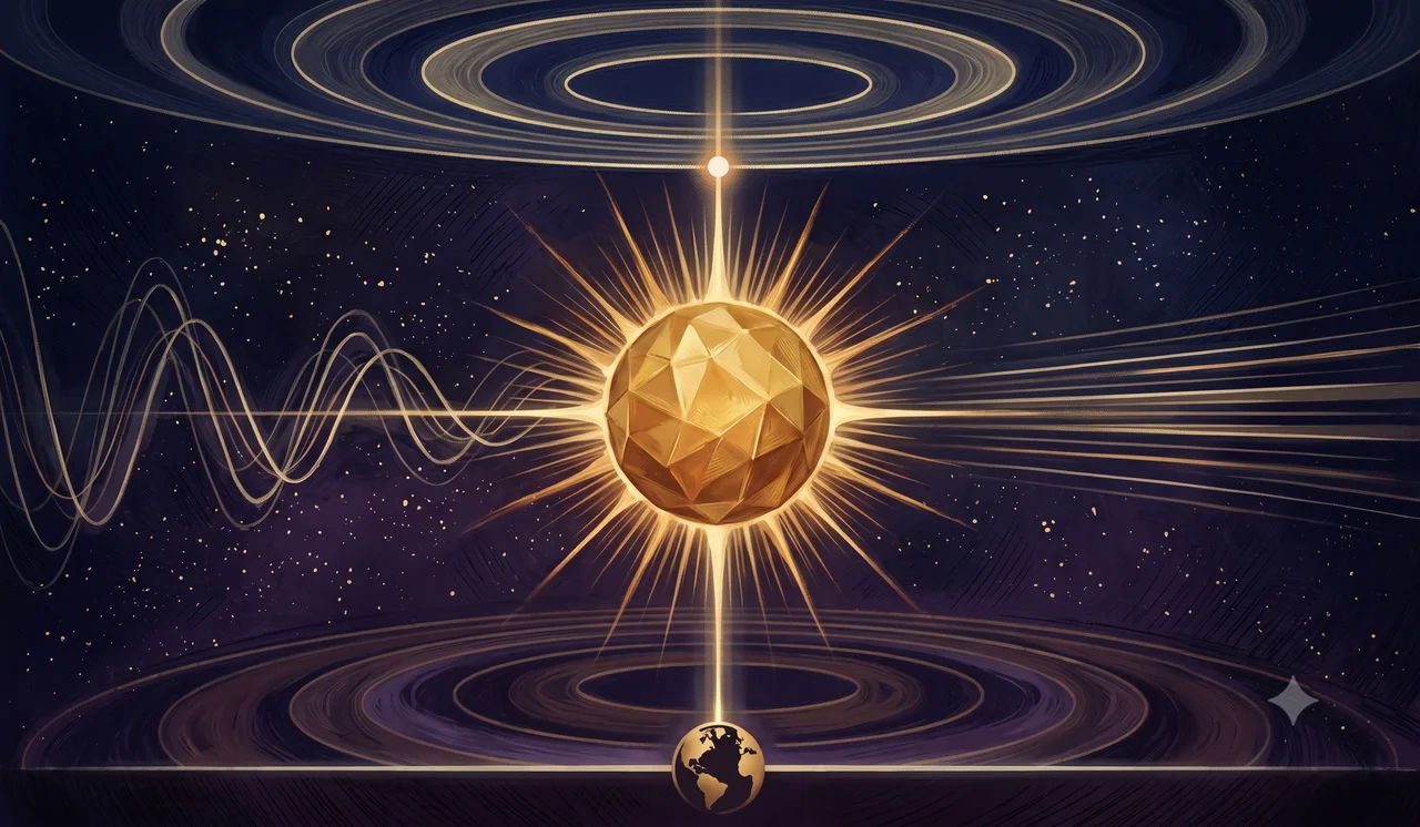 A wide landscape composition with three sections: Earth's horizon with the long-day arc of the June 21 Summer Solstice on the left, the Central Sun as a galaxy-driving core with spiral light patterns aligning with the zero point shown as a vertical precise boundary between alpha-verse and omega-verse with concentric density layers on both sides at center, and an alternating current sine wave transitioning into a direct current straight line with an acceleration arrow and a geometric grid representing the Light system computer infrastructure on the right, set against midnight indigo warm gold and aurora violet tones, no human figures, no real-world brand names