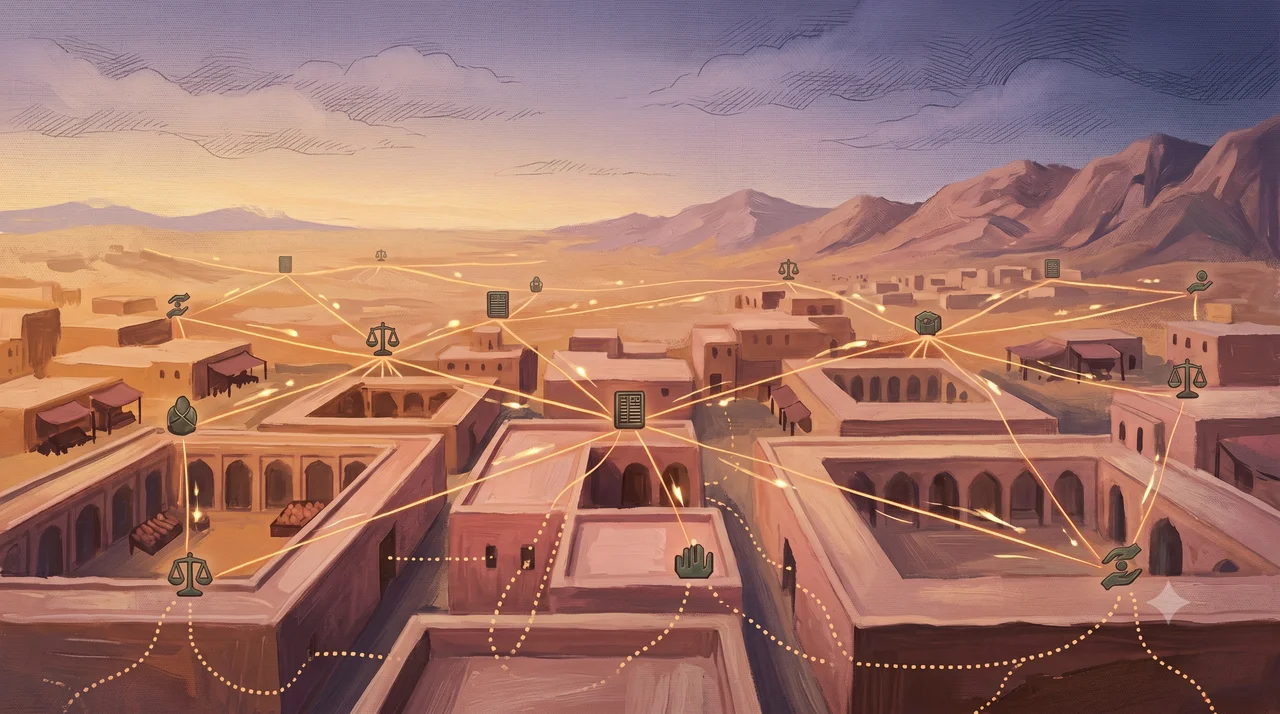 A wide landscape composition with three sections: broken formal financial infrastructure with closed bank shutters and silhouettes of an abandoned financial street in the Middle East and South Asia on the left, an informal community-based remittance network shown as small huts and market stalls connected by thin luminous lines woven into a mesh of nodes built from stone wood and cloth at center, and information spreading like wildfire from a single small light branching into many smaller lights that become a dense flame-like cluster on the right with no flags or insignia on any light, set against midnight indigo warm amber and warm sand tones, no human figures, no real-world brand names