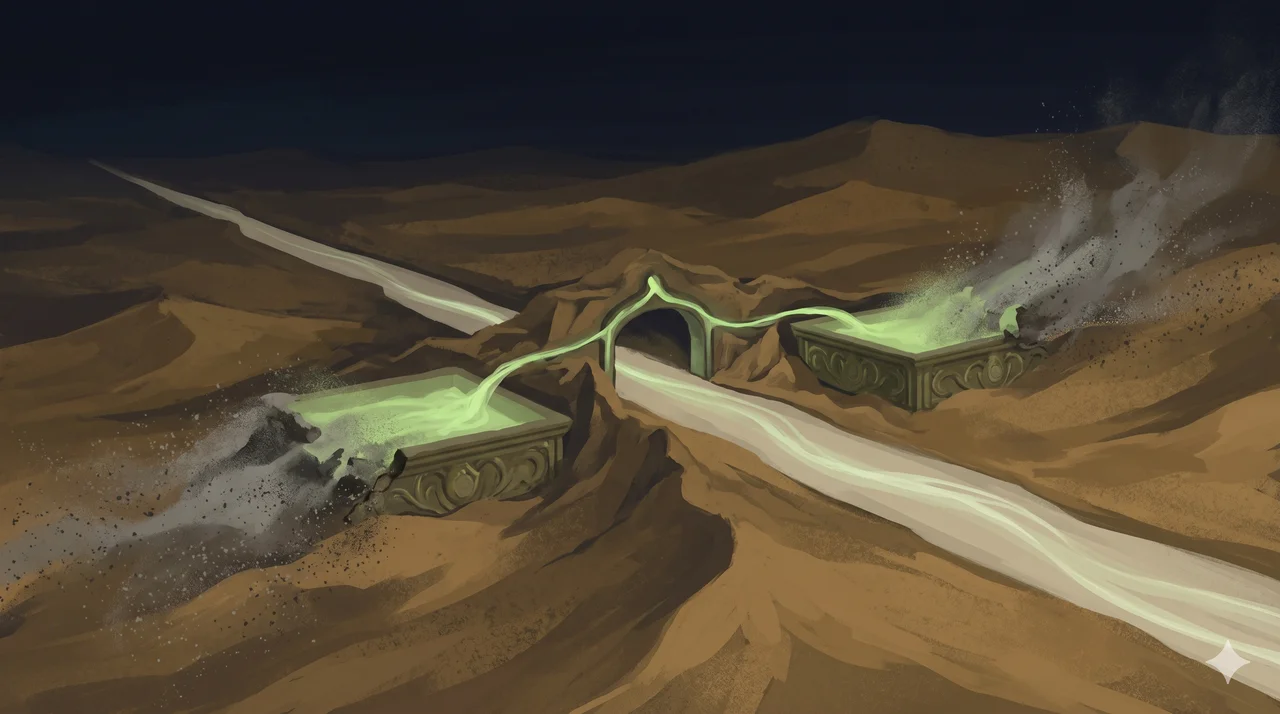 Night desert border road with a hidden toll-arch siphoning a glowing stream into two coffers that dissolve into ash