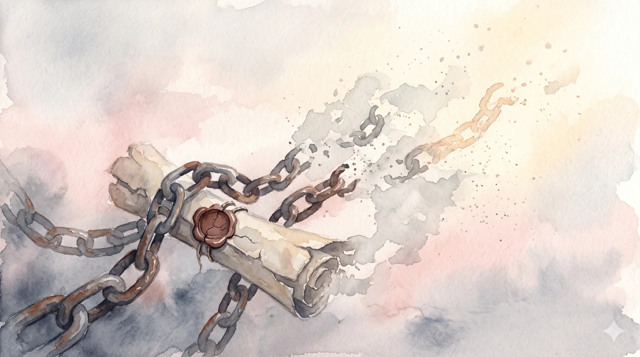Heavy old chains and a sealed contract dissolving into pale grey dust as warm Source light enters from above