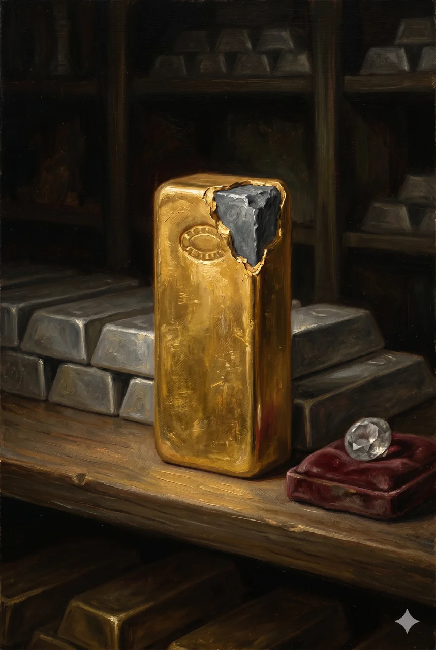 A gold bar with its broken corner revealing a dull grey tungsten core, beside fading bars and a clouded swapped gem