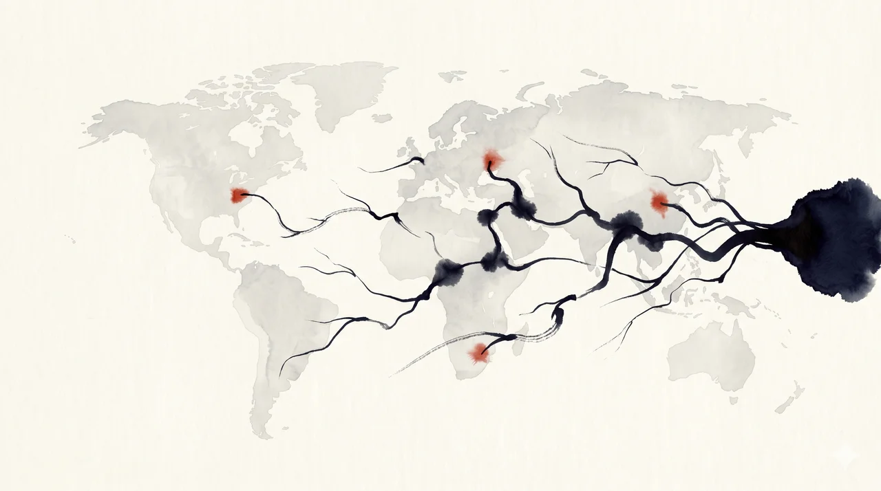 Ink-wash network of dark tendrils spreading across a faint world map toward scattered conflict points, fed from a single eastern reservoir