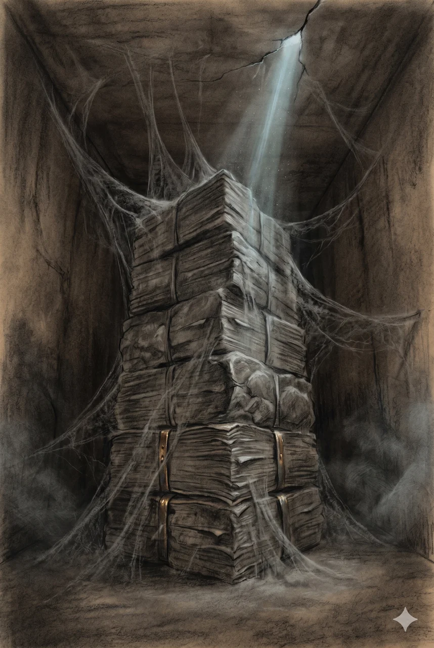 Sealed underground bunker with a tall stack of anonymous bound paper bricks petrifying under grey dust and cobwebs