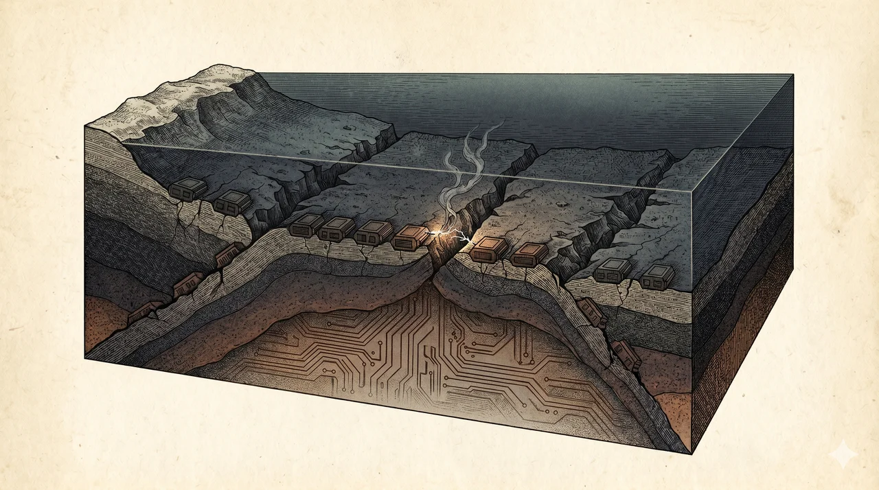 Geological cross-section of tectonic plates along the Ring of Fire with dormant, powered-down machinery embedded in the fault seams