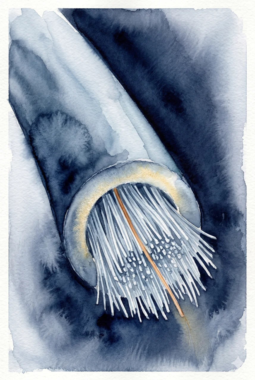 A vertical composition rendered in deep indigo, a cross-section of a thick fiberoptic cable cut open against a soft silver background, fine strands of pale light running through the interior with one thread shaded in a warmer copper tone to suggest a foreign fiber, the cable buried at a specific depth indicated by a faint horizon line behind it, no human figures, warm copper rim light along the right edge, never pure black