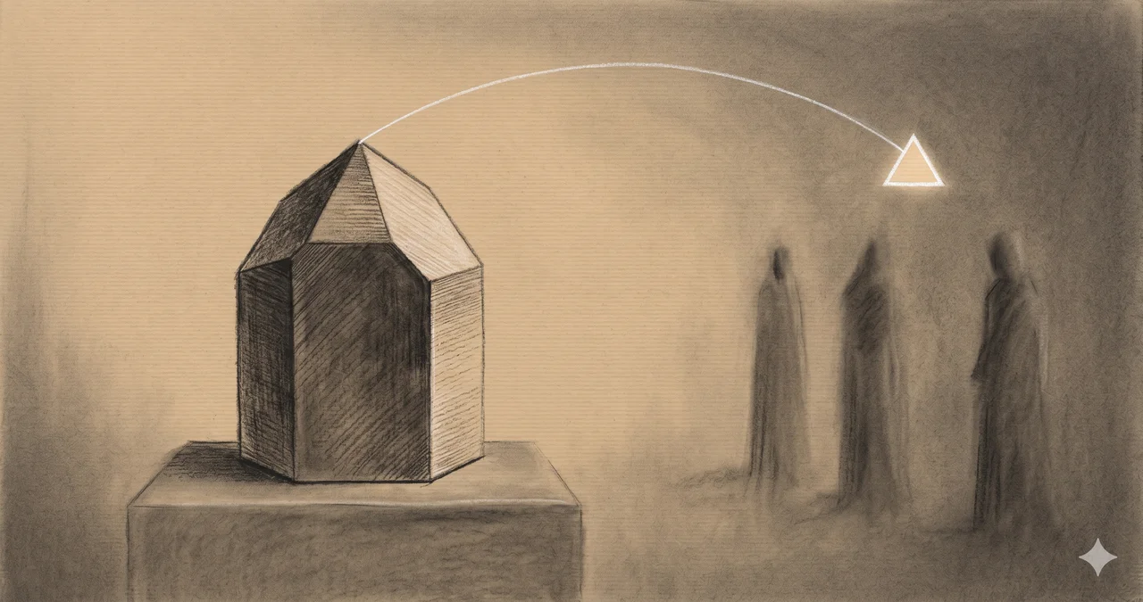 A wide horizontal composition rendered in midnight indigo, a dark hexagonal crystal seated on a low plinth at center with a faint silver thread of light flowing from its tip into a suspended geometric node, three robed silhouettes receding into the background without faces, warm copper rim light along the lower edge, no glowing eyes, never pure black