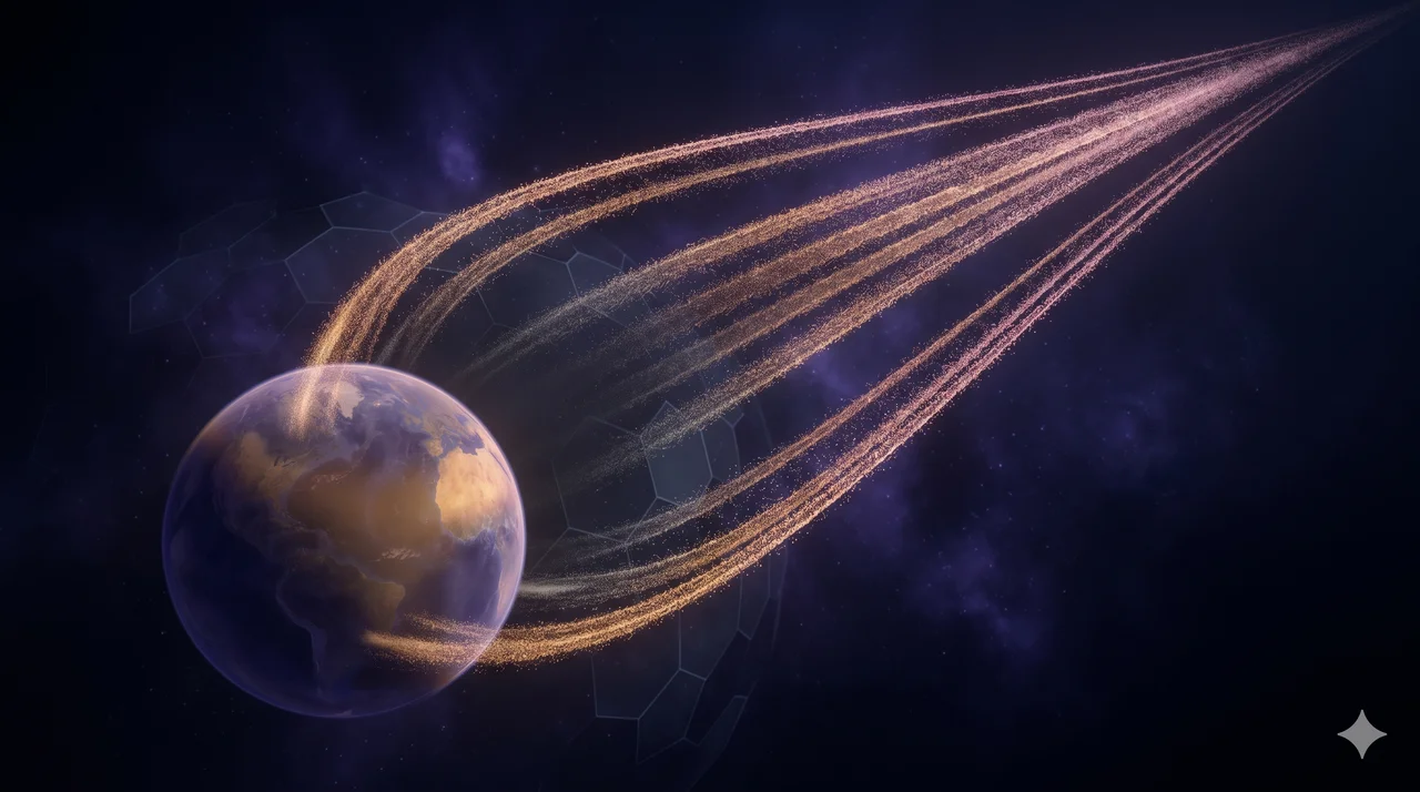 A faint horizontal scene of a luminous central presence withdrawing upward from a vast darkened planetary horizon, with only thin filaments of light trailing back to the surface, rendered as faint contour outlines