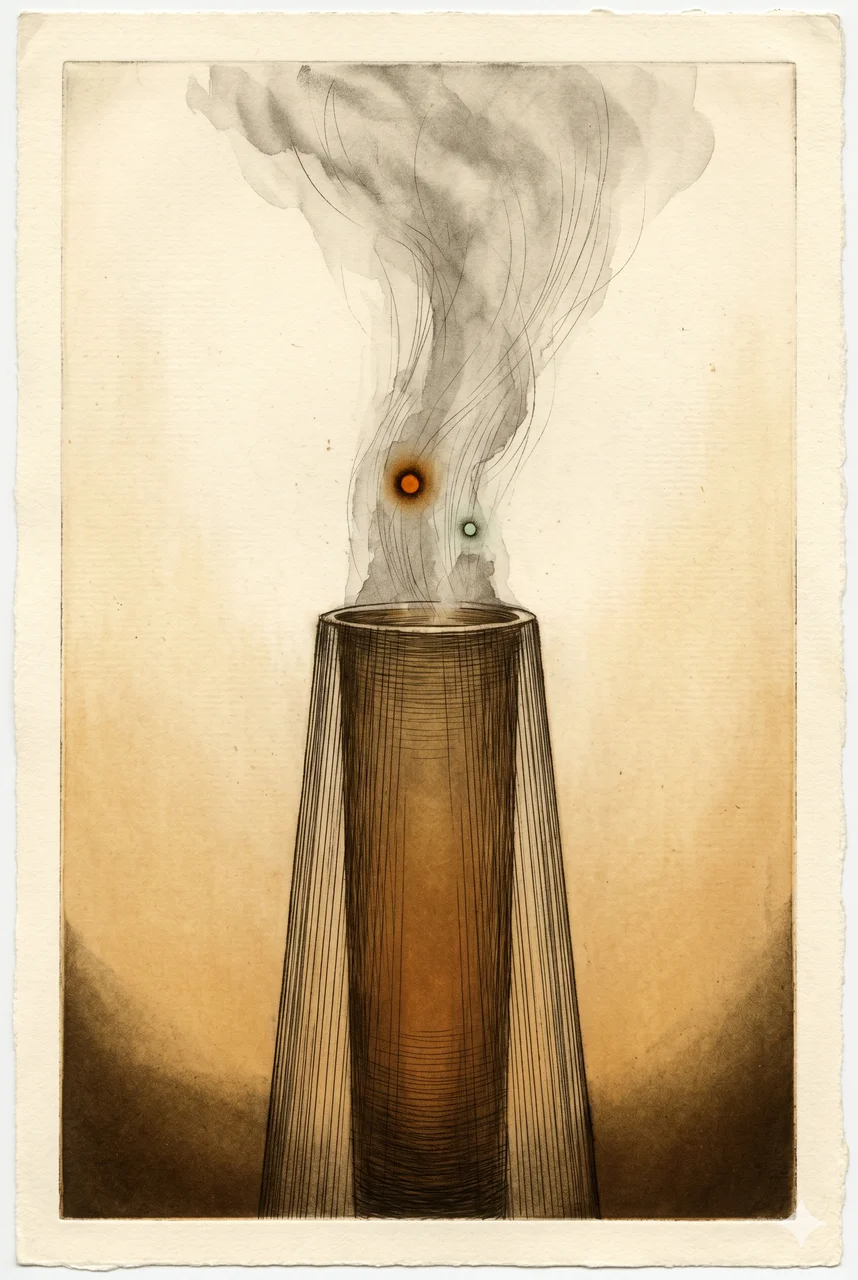 A faint vertical structure of a smoke-form silhouette with two faintly glowing eye points leaving a human outline, drifting upward away from a body in soft repose, rendered as faint contour outlines