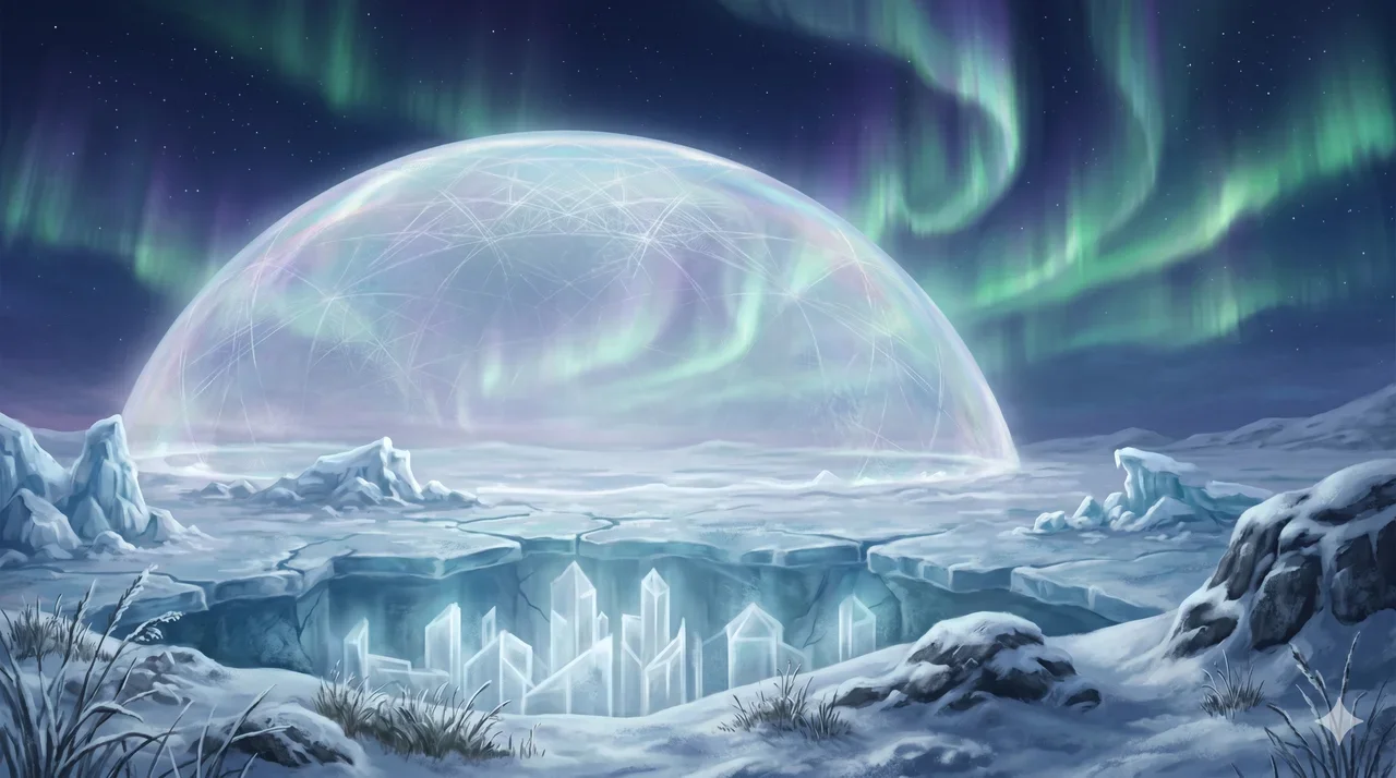 Translucent biosphere dome over an Arctic landscape with faint holographic structures visible beneath ice